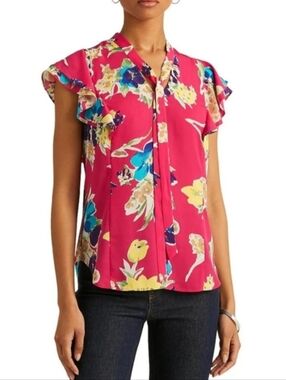 Ralph Lauren Hot Pink Floral Ruffle Tie-Neck Blouse